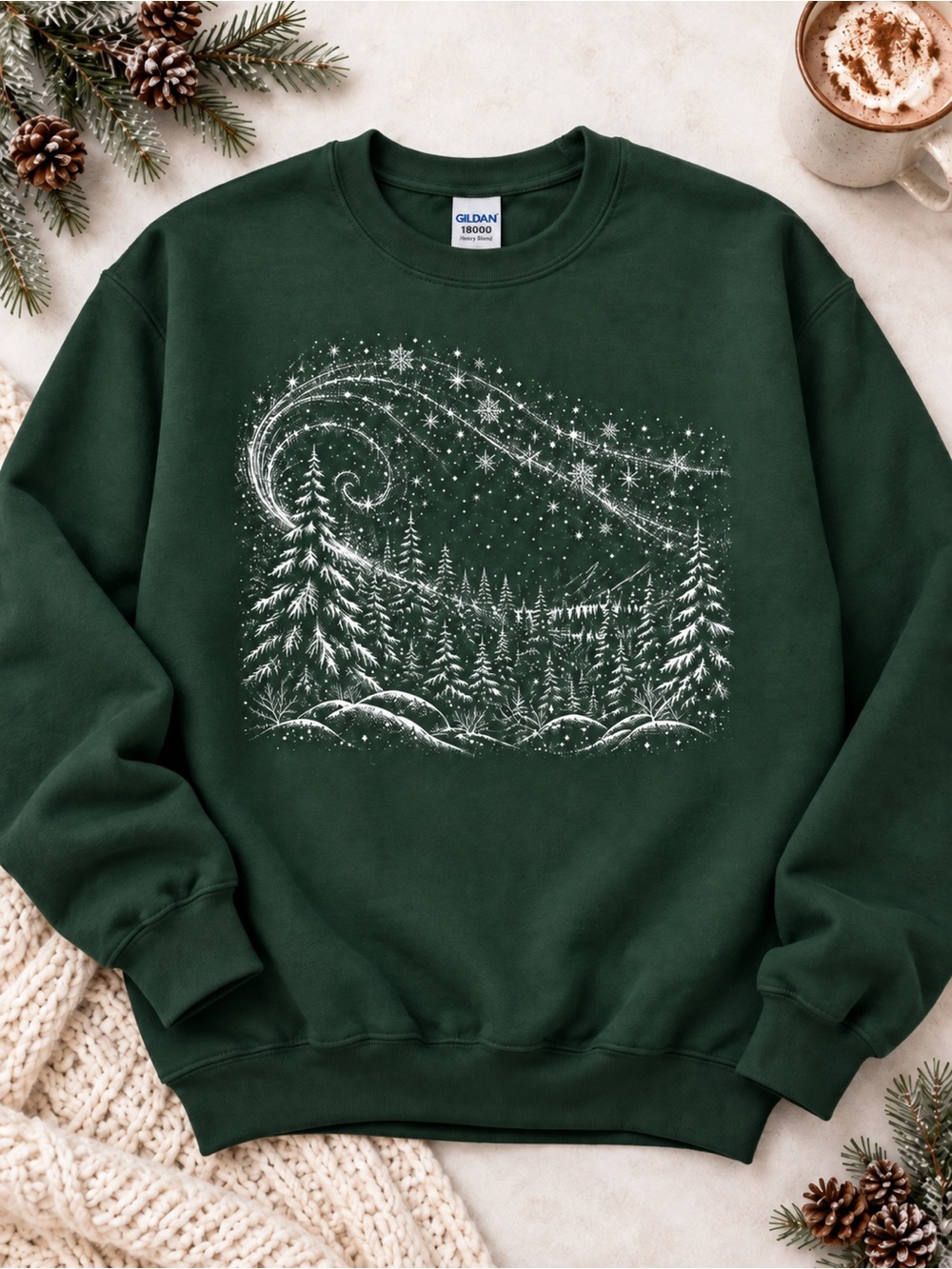 Winter Forest Sweatshirt Snowy Pine Trees Shooting Star Gildan